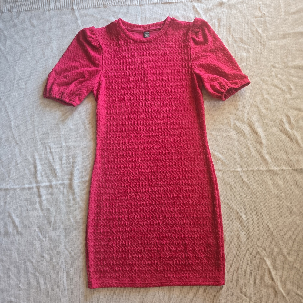 SHEIN Hot Pink Fuchsia Puff Sleeve Textured Bodycon Mini Dress | Size L